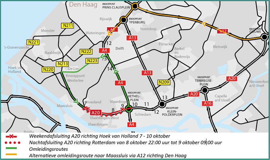 Bericht Weekendafsluiting A20 richting Hoek van Holland en nachtafsluiting richting Rotterdam bekijken